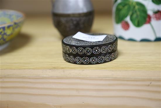 A Chinese mother of pearl inlaid box and cover and Chinese pewter and coconut jugs (2)